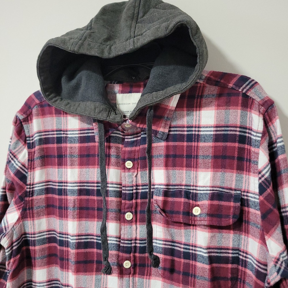 American Eagle Hooded Flannel Shirt Mens L Red Plaid Super Soft Grunge Casual